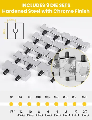 Vista 3 de Tenaza engarzadora hidráulica de 10 toneladas para terminales de cables de batería con troqueles