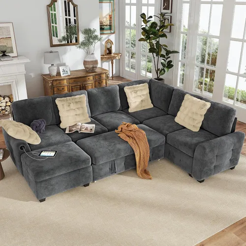Vista 21 de Hanherry - Sofá seccional con sofá cama extraíble, sofá cama de chenilla con 2 asientos de almacenamiento y carga USB, cómodos sofás modulares