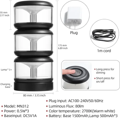 Vista 6 de oneleaf Luz de Ambiente Portátil LED Luz Nocturna, Lámpara de Vela, Tres Luces con Base de Carga, Interruptor Táctil Inalámbrico Recargable