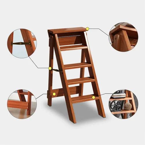 Vista 3 de Escalera de madera de 5 niveles, taburete plegable para el hogar, estante de almacenamiento multiusos para flores, escalera de escalera