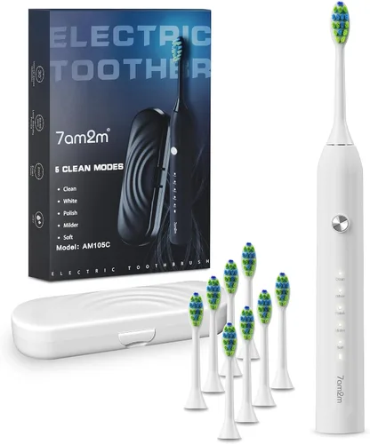 Vista 16 de 7AM2M Cepillo de dientes eléctrico sónico para adultos y niños, con 8 cabezales de cepillo y estuche de viaje, 5 modos con temporizador inteligente