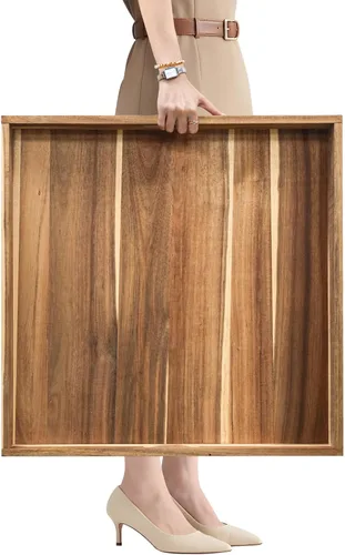 Vista 9 de MAONAME Bandeja otomana extra grande, bandeja de servir de madera de acacia de 22 x 18 pulgadas con asas, bandejas decorativas de madera