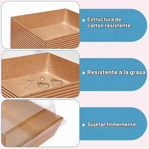 Vista 3 de Paquete de 50 cajas de papel para embutidos con tapas transparentes, recipientes cuadrados marrones de 4.3 pulgadas, cajas de postre de papel kraft