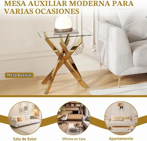 Vista 7 de Juego de mesa de sala de estar de 3 piezas, incluye 1 mesa auxiliar rectangular de vidrio con 2 mesas auxiliares cuadradas, juego de 3 mesas