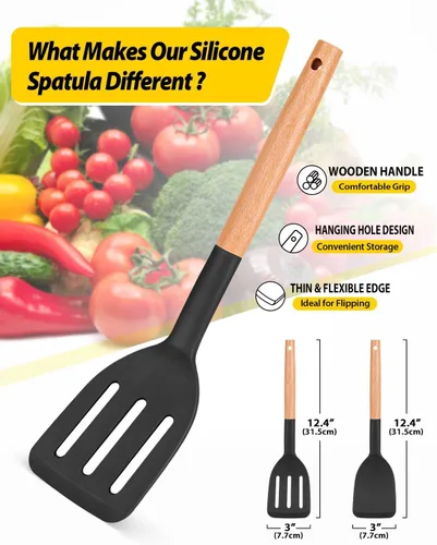 Vista 2 de Paquete de 2 espátulas de cocina de silicona, espátulas sólidas resistentes al calor, espátulas ranuradas antiadherentes con mango corto de madera