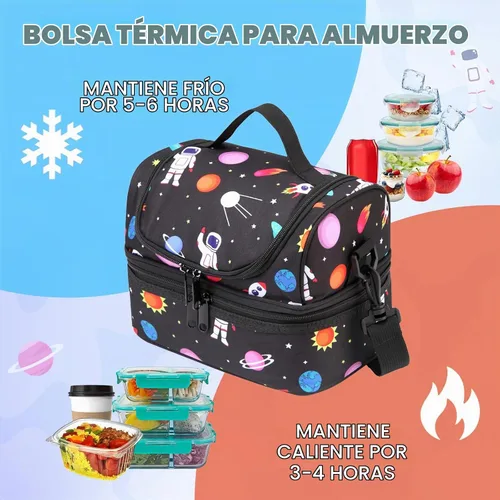 Vista 5 de Chase Chic Bolsa de almuerzo para niños, astronauta negro, poliéster, ligera, bien organizada, a prueba de fugas, 9.4x6.3x6.7 in