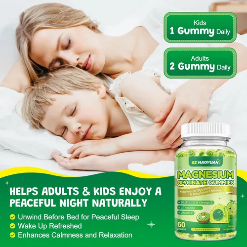 Vista 6 de Gomitas de glicinato de magnesio para niños y adultos, malato de magnesio sin azúcar con L-teanina, omega-3, vitamina D3, B6, B12, C - sueño, calma