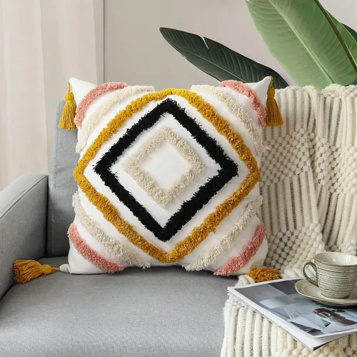 Vista 8 de JASEN Fundas de almohada bohemias, fundas de almohada decorativas tejidas con borlas y patrón de diamantes para sofá, dormitorio, sala de estar, sin