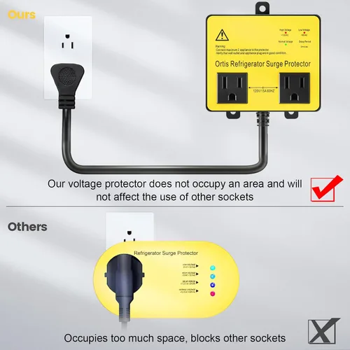 Vista 5 de Ortis Protector de sobretensiones para refrigerador, protector de voltaje de doble salida para electrodomésticos con retardo de tiempo, protege