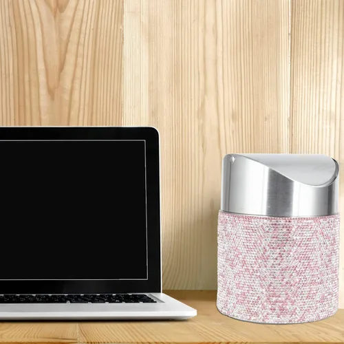 Vista 5 de KEYPOWER Mini basurero con diamantes de imitación con tapa abatible de acero inoxidable, adecuado para encimera, automóvil, mesa (rosa)
