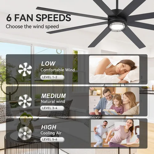 Vista 4 de Ventiladores de techo de 72 pulgadas con luces y control remoto, moderno ventilador de techo negro para sala de estar, patio, cocina, motor CC
