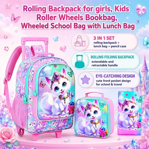 Vista 8 de Mochila con ruedas para niñas, Fox Kids School Mochilas con ruedas, mochila enrollable con lonchera para preescolar primaria (blanco)