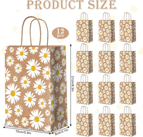 Vista 3 de Whaline Paquete de 12 bolsas de regalo de flores de margarita, bolsas de papel kraft con asas, bolsas de regalo florales para fiesta de primavera