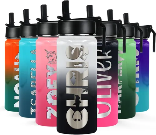 Vista 20 de Botella de agua personalizada para niños con tapa de popote en azul aguamarina degradado para la escuela, nombre personalizado para niños, 18 onzas