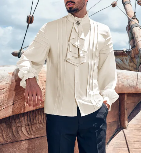 Vista 2 de Runcati Camisas medievales de pirata para hombre, con volantes, steampunk, victoriano, cosplay, disfraz gótico renacentista, camisa vikinga