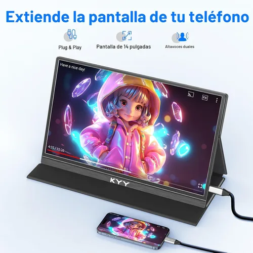 Vista 7 de KYY Monitor portátil para laptop, monitor de viaje FHD 1080P de 14 pulgadas, pantalla de juegos USB-C y HDMI con soporte VESA y cubierta