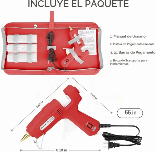 Vista 5 de ROMECH Pistola de pegamento caliente de tamaño completo con potencia dual de 60/100 W y 21 barras de pegamento caliente (7/16"), pistola de Rojo