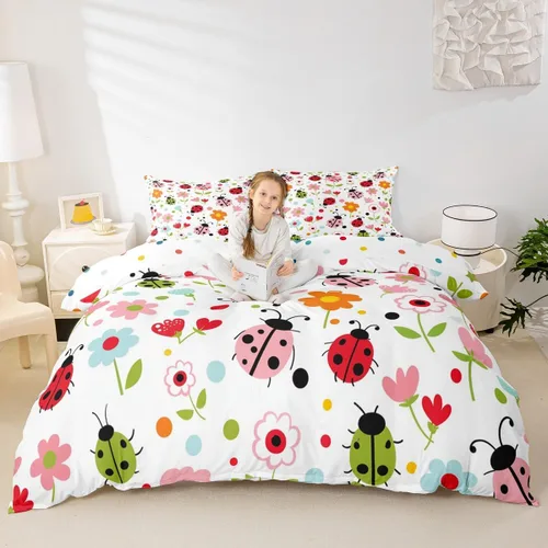 Vista 2 de Manfei Juego de funda de edredón de mariquita de tamaño individual, juego de ropa de cama de flores de acuarela de 2 piezas, funda de edredón floral