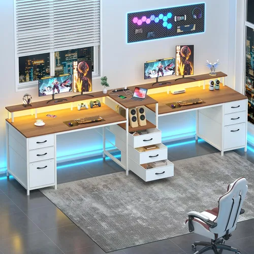 Vista 9 de YOMILUVE Escritorio para Computadora de 98.4" de Largo con 9 Cajones, Escritorio de Juegos para 2 Personas con Luces LED y Toma de Corriente