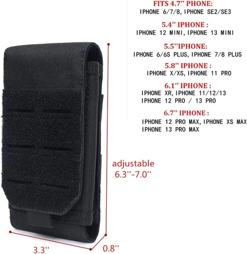 Vista 3 de Funda táctica universal negra Molle impermeable para iPhone 13 Pro Max/12 Pro Max/11 Pro Max/XS Max Less 6.7 pulgadas