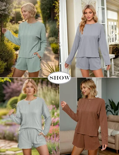 Vista 3 de MISSKY Conjunto de pijama de 2 piezas para mujer, camiseta de punto acanalado de manga larga y pantalones cortos, conjunto de pijama con bolsillos