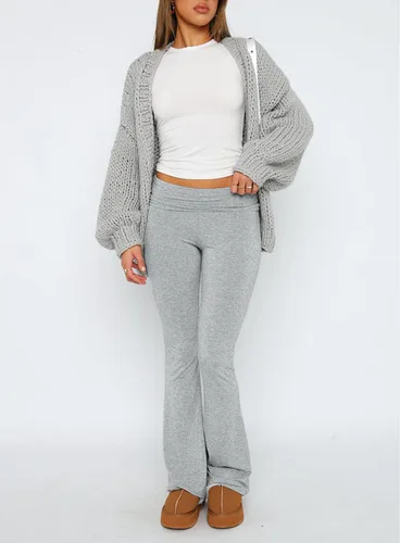 Vista 3 de Leggings acampanados para mujer Y2K Lounge Yoga PJ Pantalones Casual Pijama Slim Fit Fold Over Cintura Pantalones Pantalones Ropa de dormir Gris