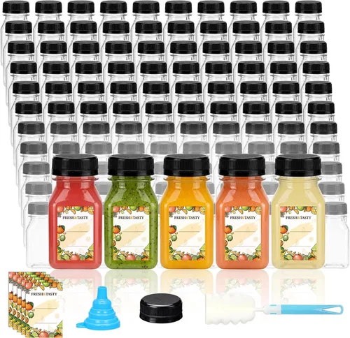 Vista 9 de TOMNK 100 botellas de plástico de 2 onzas con tapas, recipientes reutilizables transparentes para bebidas a granel para inyección de jengibre, jugo