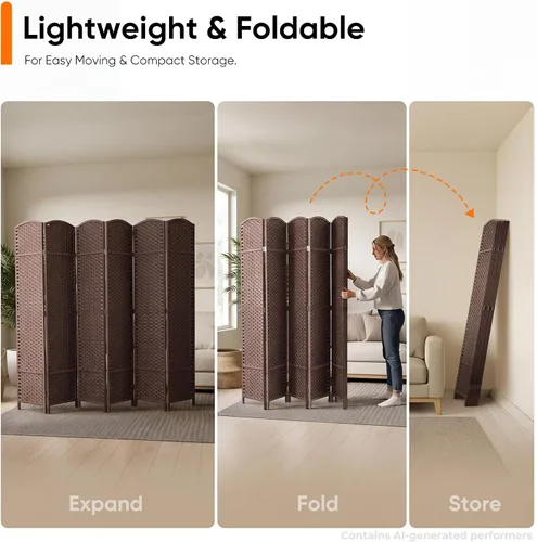 Vista 4 de 6 Panel Woven Room Divider, 69" Folding Privacy Screen, Brown Marrón