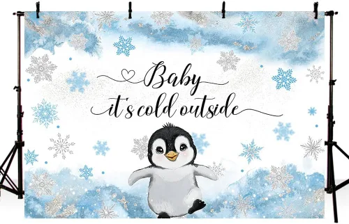Vista 2 de MEHOFOND Telón de fondo de invierno para baby shower de pingüino de 7 x 5 pies para niños, bebé hace frío afuera, fondo de acuarela azul, animales