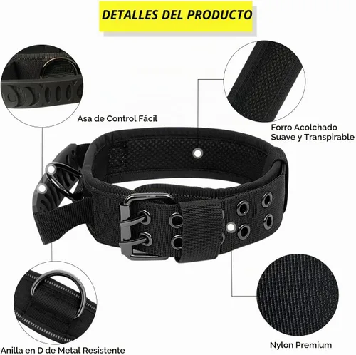 Vista 2 de Collar táctico para perros con asa y hebilla de metal resistente para Negro