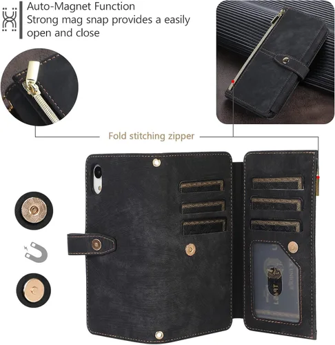 Vista 4 de UEEBAI Funda para iPhone XR, 9 ranuras para tarjetas, cartera de cuero retro, a prueba de golpes, con correa de mano, ranuras para tarjetas Negro
