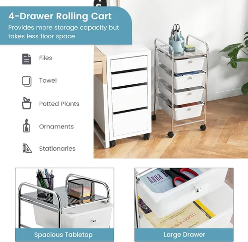 Vista 4 de COSTWAY Carrito de almacenamiento rodante con 4 cajones, carrito de almacenamiento de plástico y organizador con 4 cajones extraíbles, carrito
