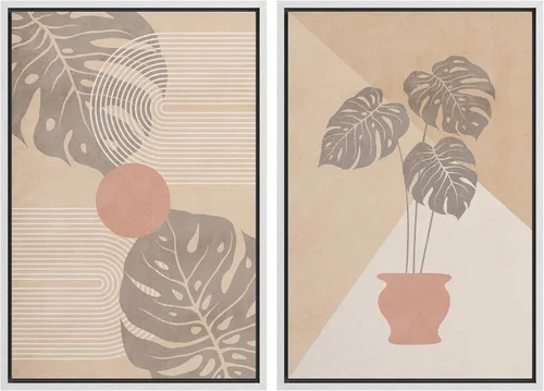 Vista 10 de SIGNFORD Lienzo enmarcado para pared, juego de arte geométrico retro de mediados de siglo, plantas forestales, ilustraciones con formas abstractas
