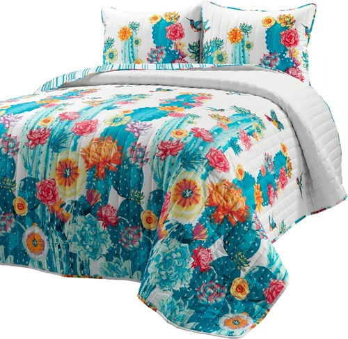 Vista 3 de Lush Decor Southwest Vibrant Cactus - Juego de edredón reversible de 3 piezas, tamaño matrimonial/queen, turquesa y naranja