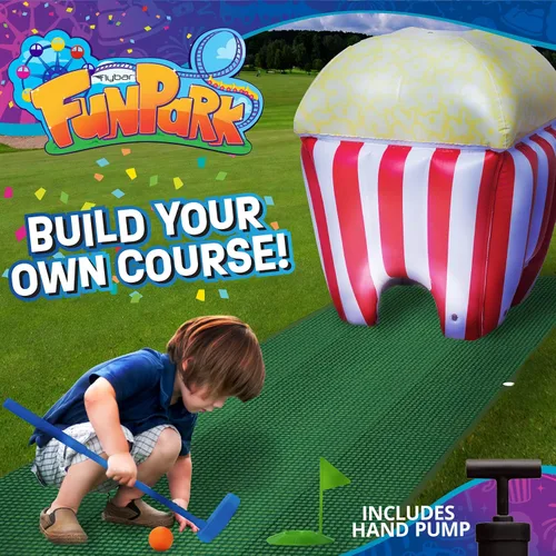 Vista 3 de FunPark - Juego de minigolf inflable – Campo de 13 piezas con palos ajustables, pelotas, copas de putting, tapetes verdes y obstáculos temáticos