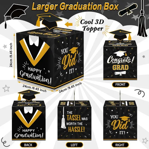 Vista 2 de Funrous Caja grande para tarjetas de graduación 2026 en negro y dorado con 30 piezas de tarjetas de consejos, caja de dinero, caja de dinero