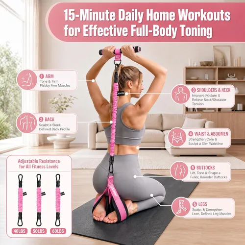 Vista 3 de WHATAFIT Pedal Resistance Band with Handles & Ankle Straps 3-Level Home Gym Rosa