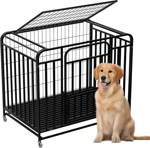 Vista 9 de Easy Clean - Jaula resistente de 42 pulgadas con puerta doble extraíble, a prueba de escapes, jaula grande para perros con ruedas bloqueables