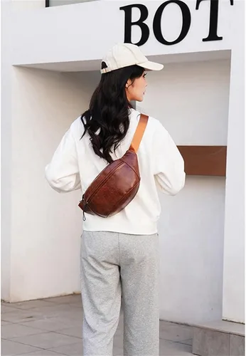 Vista 27 de Ausion Riñonera de cuero para hombres y mujeres, cangurera para senderismo, correr, viajes, múltiples bolsillos - Riñonera con cremalleras Marrón