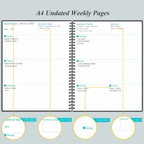 Vista 4 de Planificador Pro sin fecha - Agenda semanal y mensual de 8.5 x 11 pulgadas para lograr objetivos y aumentar la productividad, agenda diaria sin