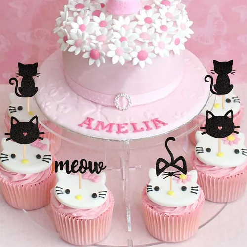 Vista 4 de Paquete de 24 adornos para cupcakes de gato y miau, con purpurina negra, para gatitos, gatos, cupcakes, alimentos, amantes de los gatos, temática