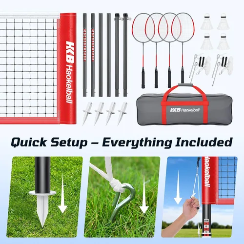 Vista 5 de Haokelball Outdoor Badminton Net Set with Anti-Sag Winch System - 20ft Badminton Net, 4 Rackets, 4 Shuttlecocks & Carry Bag, Badminton Set for