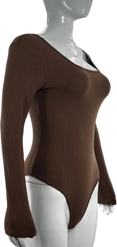 Vista 5 de Ludhou Body de manga larga con cuello en V profundo para mujer, diseño cruzado fruncido, con escote en V y fruncido