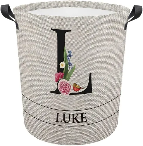 Vista 13 de Cesta de lavandería con inicial floral personalizada, monograma, nombre personalizado, flores y pájaros, cesta de ropa plegable de tela, caja