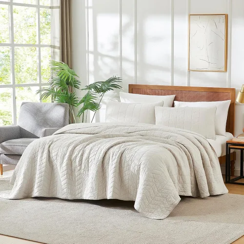 Vista 3 de palassio Juego de ropa de cama de algodón beige tamaño individual con funda de almohada, colcha ligera y suave, funda de edredón acolchada