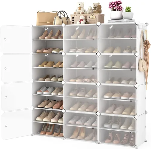 Vista 13 de Organizador portátil para zapatos con puerta, 48 pares de almacenamiento para zapatos, fácil de montar, plástico ajustable, organizador de zapatos