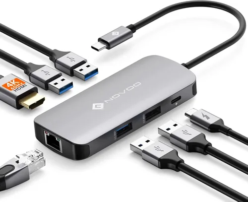 Vista 10 de NOVOO Hub USB C 5 en 1 con adaptador HDMI 4K, 2 puertos USB 3.0, 1 puerto de memoria SD, 1 lector de tarjetas microSD 2 puertos USB 3.0, 1 puerto