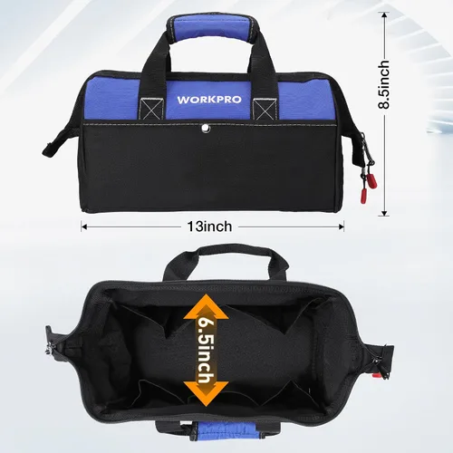 Vista 2 de WORKPRO Bolsa de herramientas de 13 pulgadas de boca ancha, bolsa de herramientas portátil con bolsillos interiores para almacenamiento