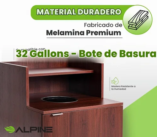 Vista 3 de Alpine Restaurant Trash Bin Cabinet - Commercial Trash Can Garbage Receptacle Indoor with Tray Holder for 32 Gallon Garbage Bin (Mahogany)
