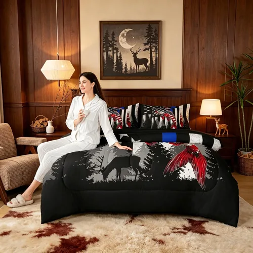 Vista 12 de Feelyou Juego de edredón de ciervo con sábanas – Tamaño Queen 7 piezas Juego de ropa de cama infantil de caza rústica – Cama de ciervo de cabaña